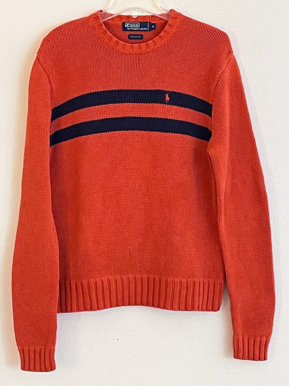 Polo Ralph Lauren Men's Orange Blue 100% Cotton Heavy Knit Crew Neck Sweater M